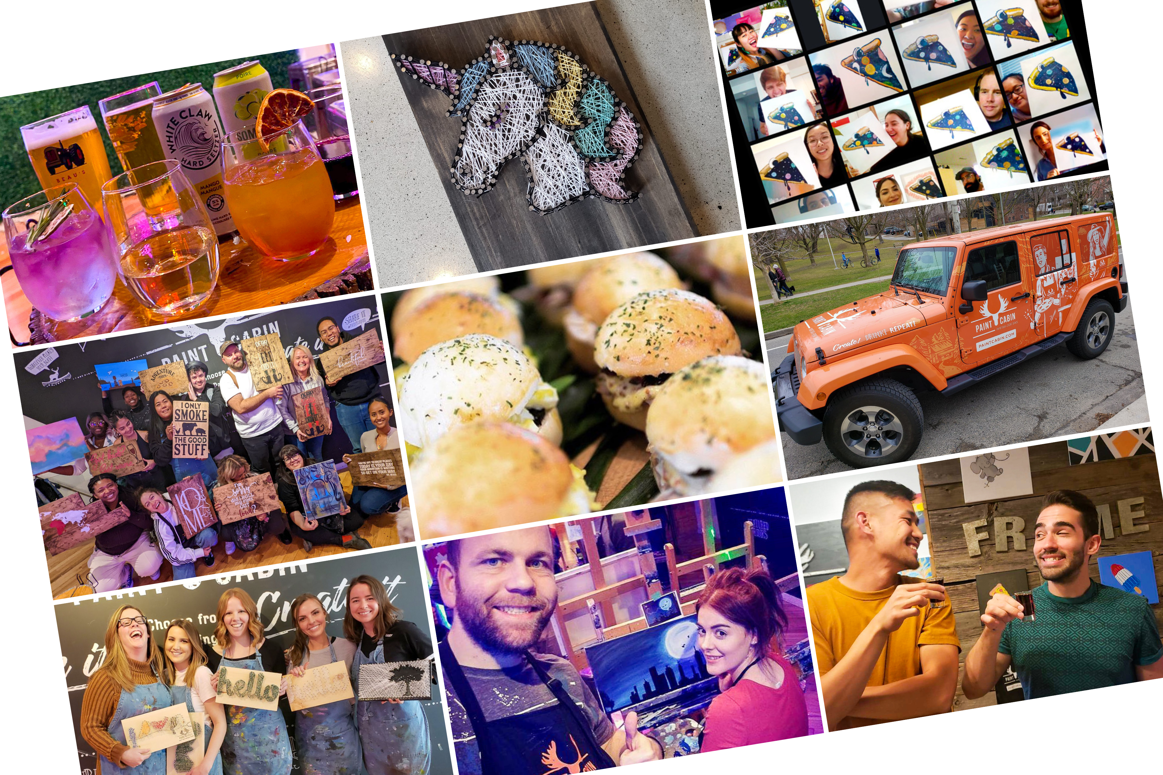 Collage of different features included in Paint Cabin's Corporate events & team building activities