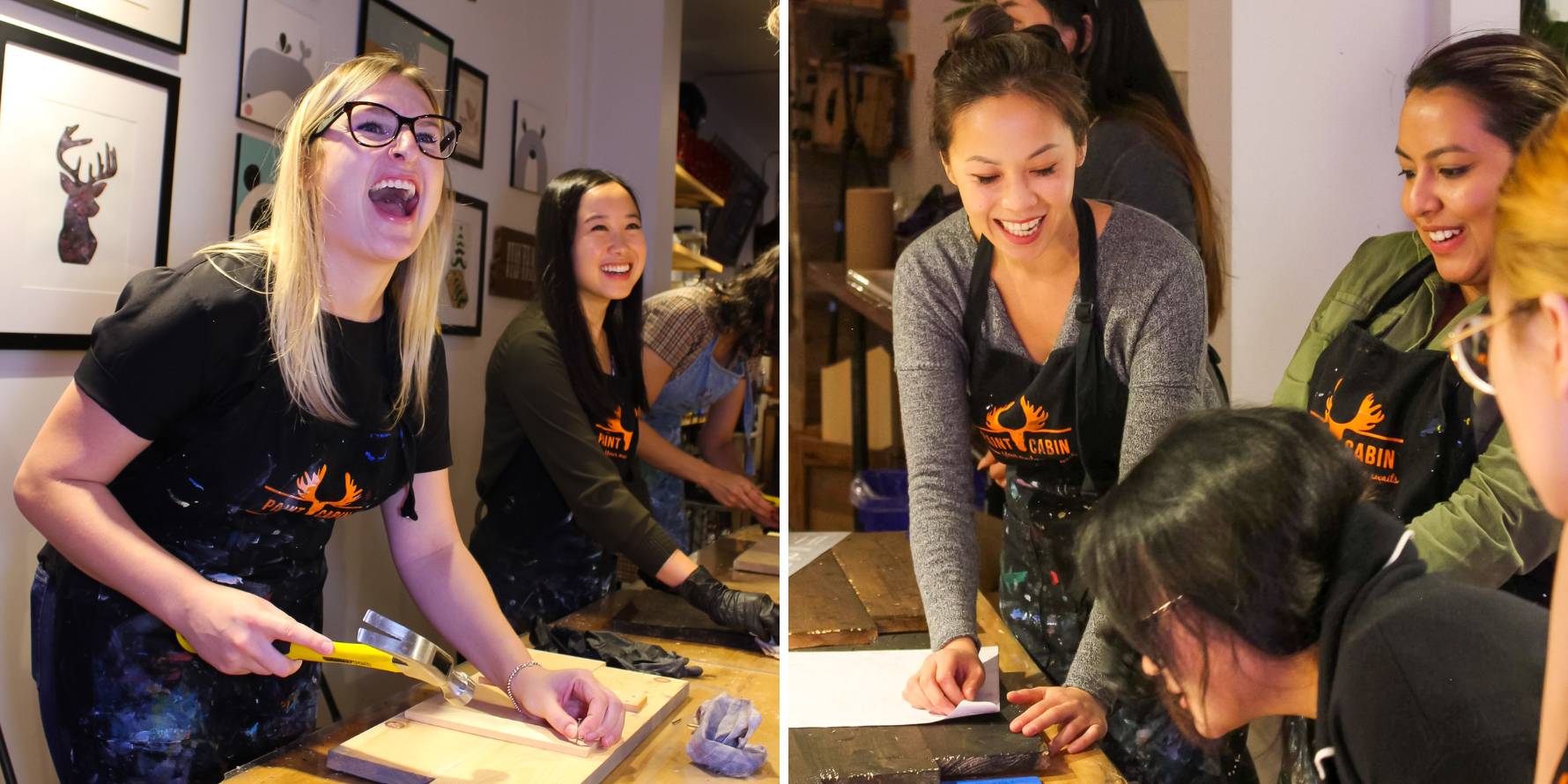 Group laughter while participating in a team building activity at Paint Cabin